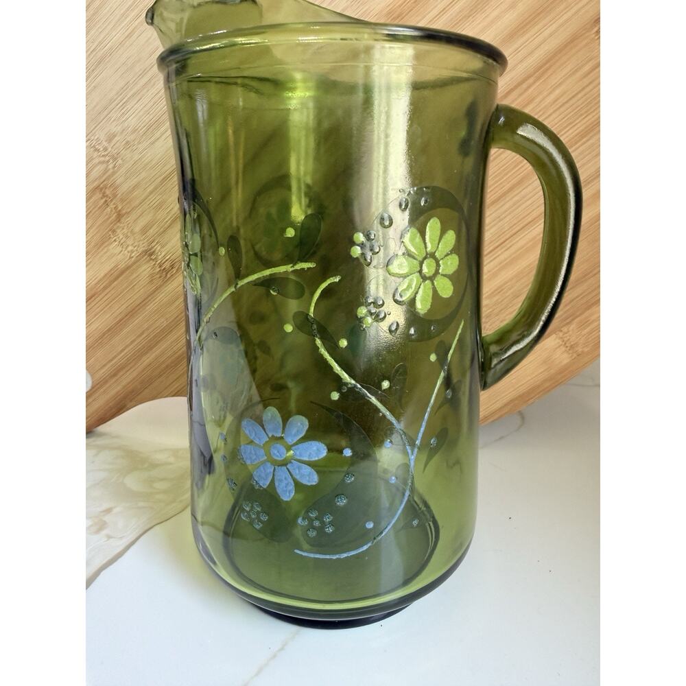 VTG Green Glass Pitcher with Green & Blue Daisy Flowers Mid-Century Drink Jug